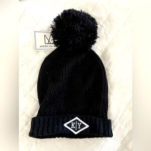 NWT, black beanie hat with top pompom